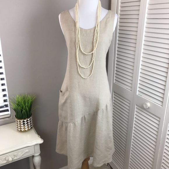 Garnet Hill Dresses & Skirts - Garnett Hill Tan minimalist Linen drop waist dress